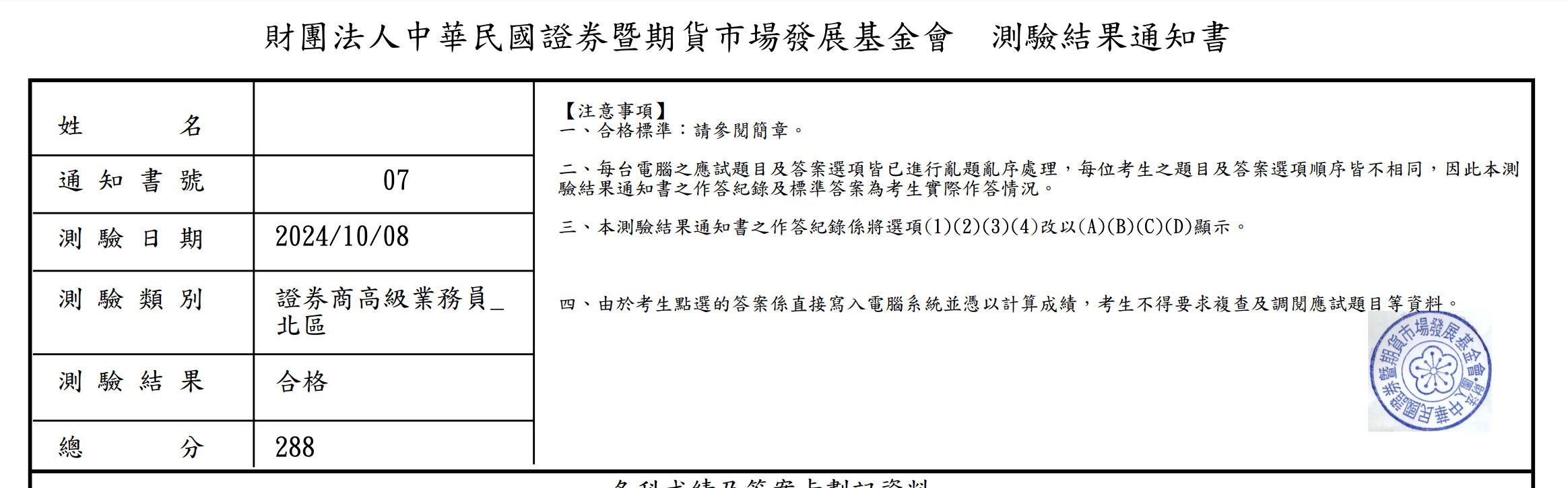 證券商高級業務員合格證明